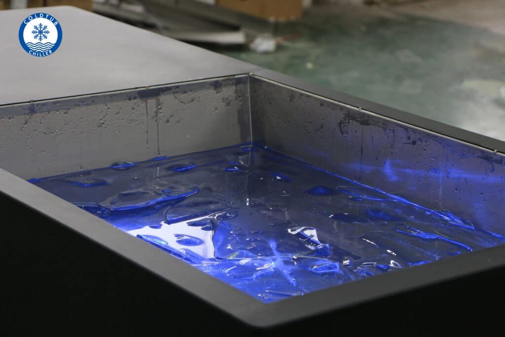 WT-11 ice bath tub interior with water — 1000×680mm stainless steel basin, full immersion view