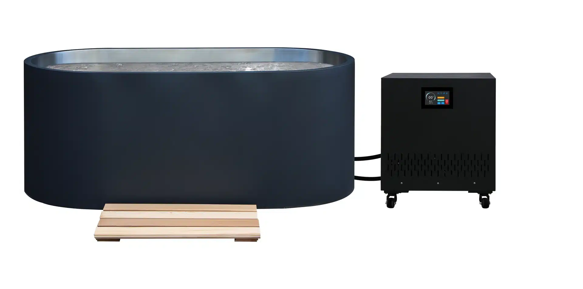 Deep freeze performance chiller connected to a large cold plunge tub