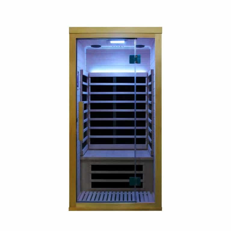Aura-1 1 person infrared sauna front view with glass door