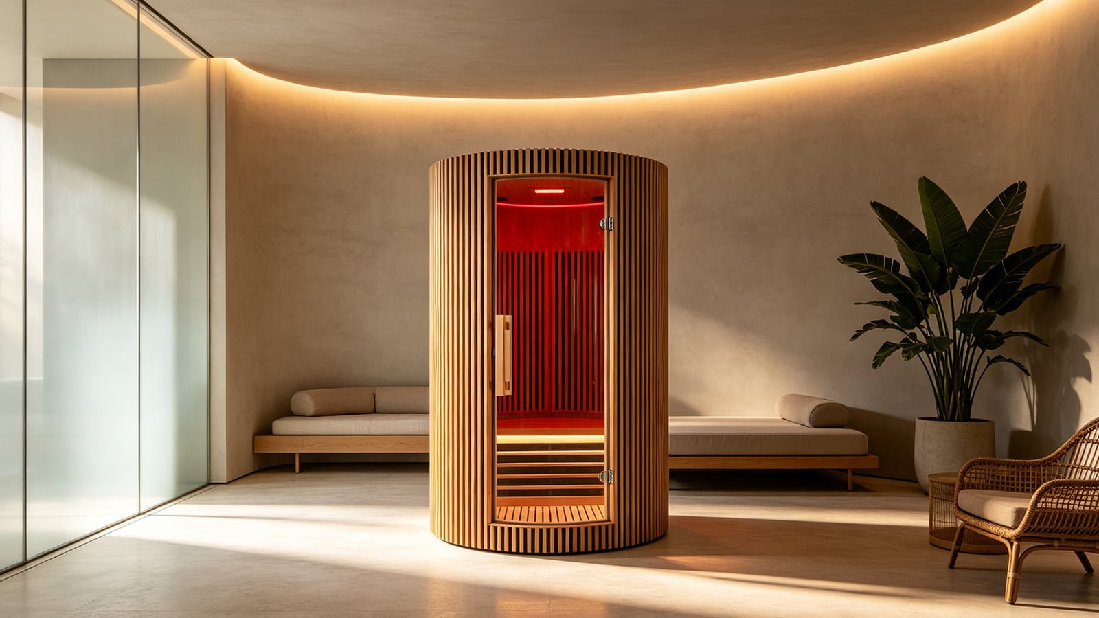 personal sauna collection by OMNI Ice featuring OMNI Ice Aura-C2 curved indoor sauna cabin