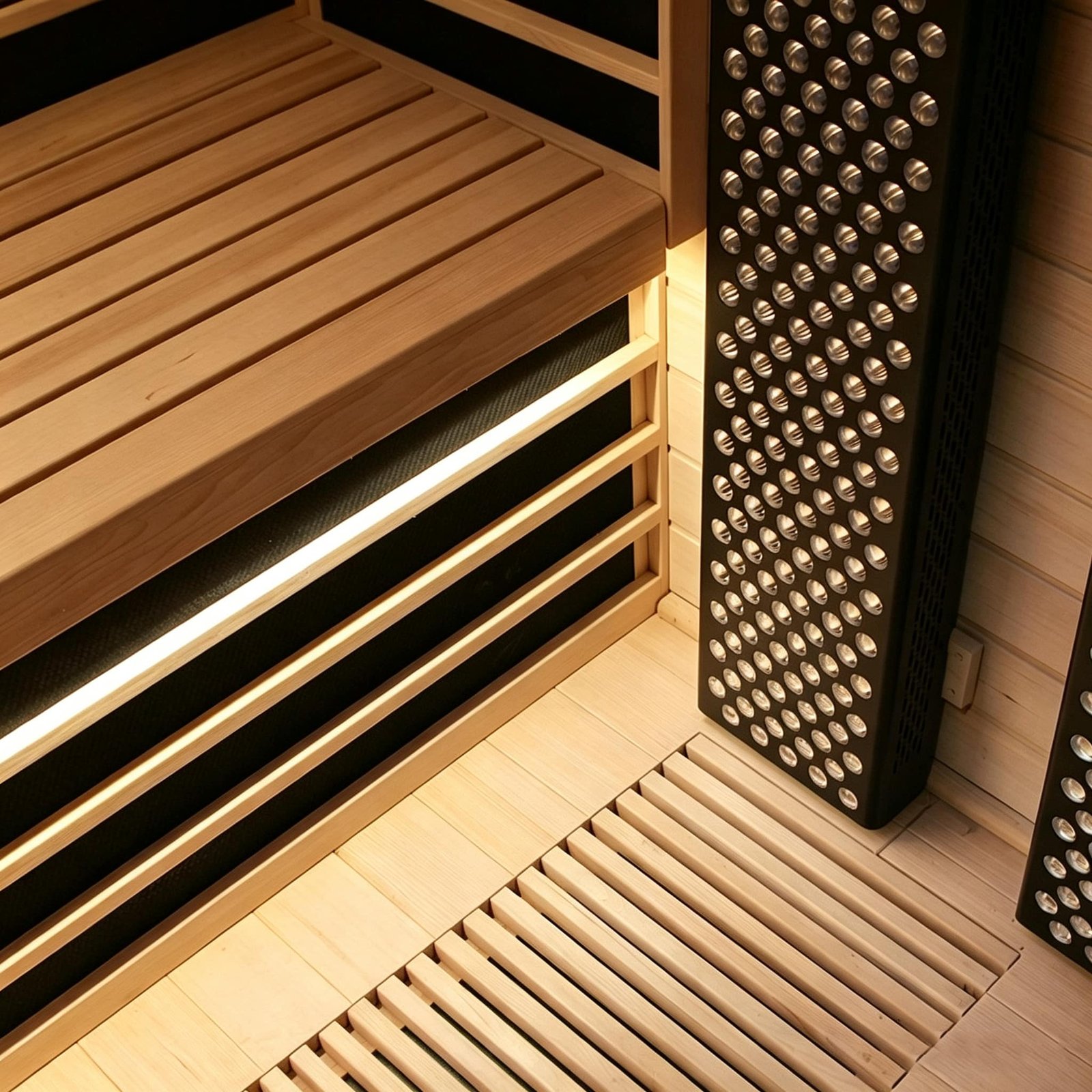 OMNI Ice sauna bench and heating-panel detail