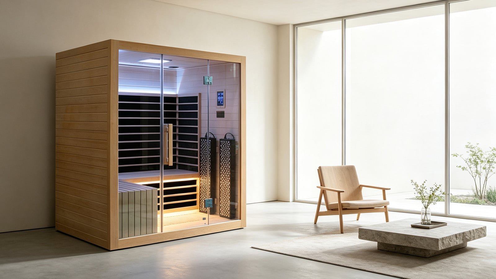 indoor sauna manufacturer collection by OMNI Ice featuring OMNI Ice Aura-RL2 wide indoor sauna room