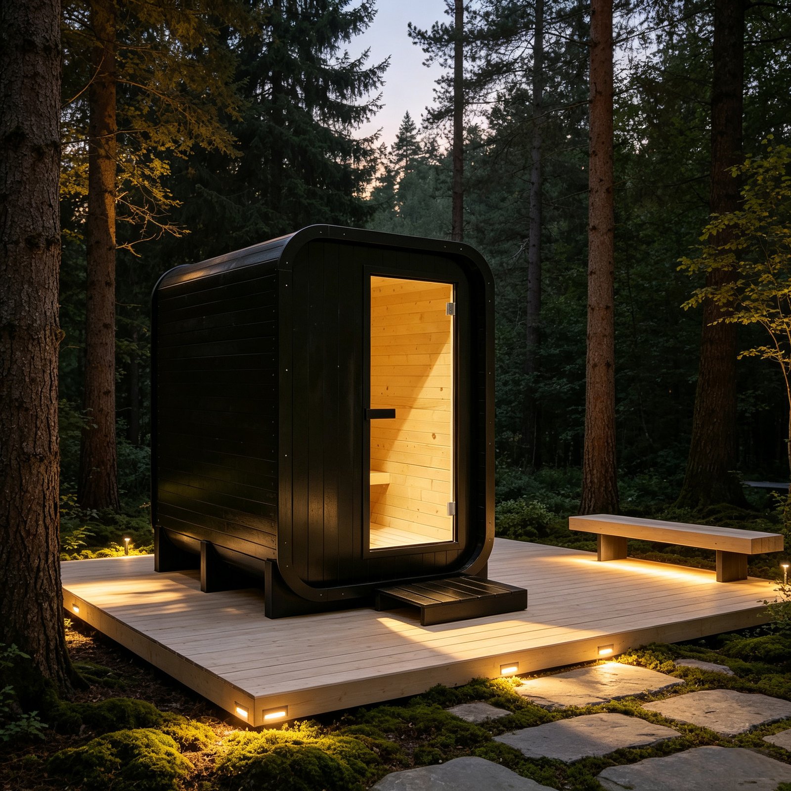 OMNI Ice Aura-Sol-2 compact outdoor sauna at dusk for a private retreat