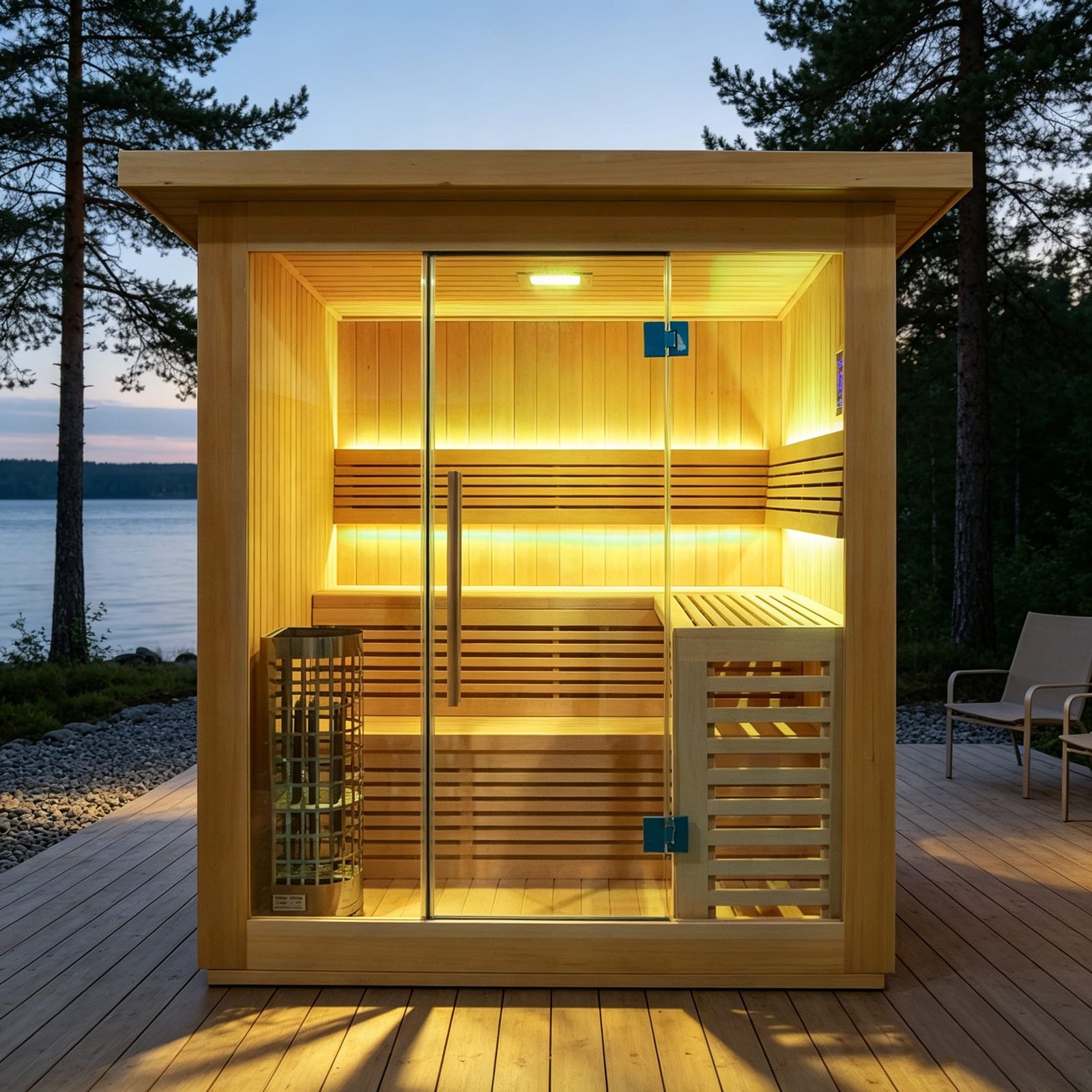 traditional sauna manufacturer collection by OMNI Ice featuring OMNI Ice Sol-D outdoor sauna with full glass frontage