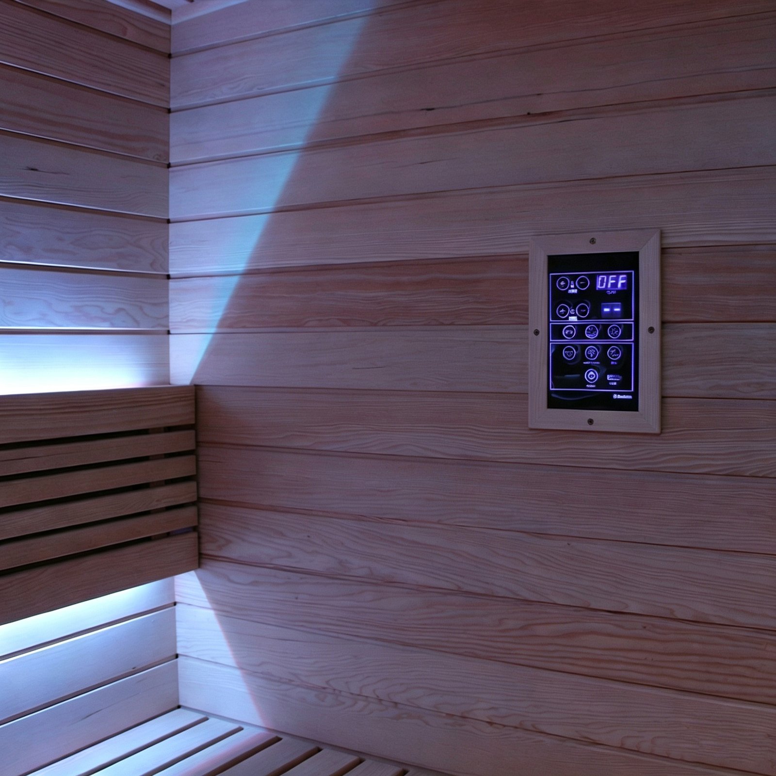 Aura-Sol-E sauna control panel and wood interior detail