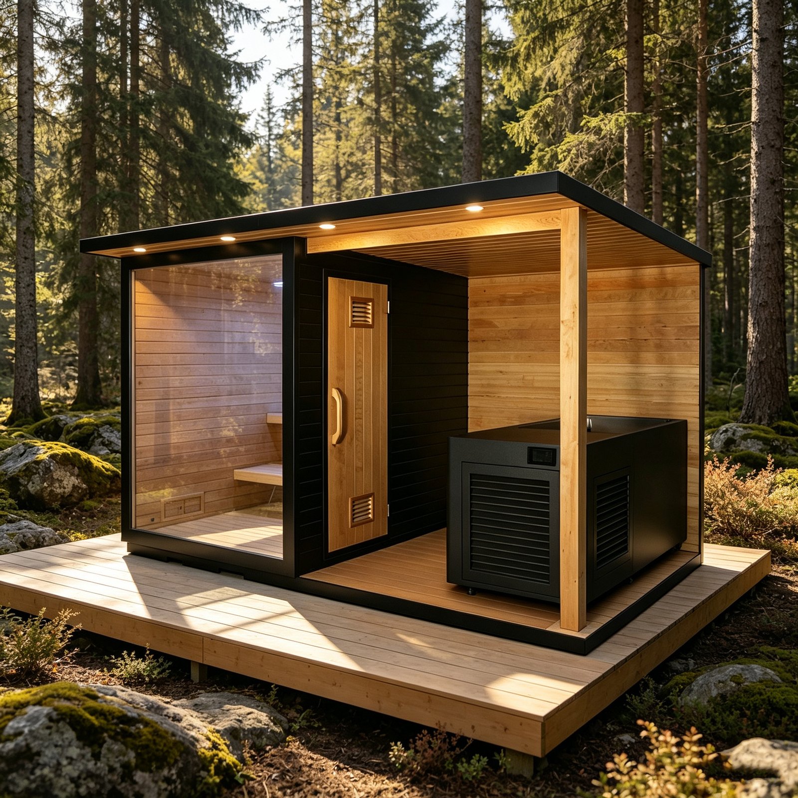 outdoor sauna manufacturer collection by OMNI Ice featuring OMNI Ice Sol-E outdoor sauna room in a forest setting