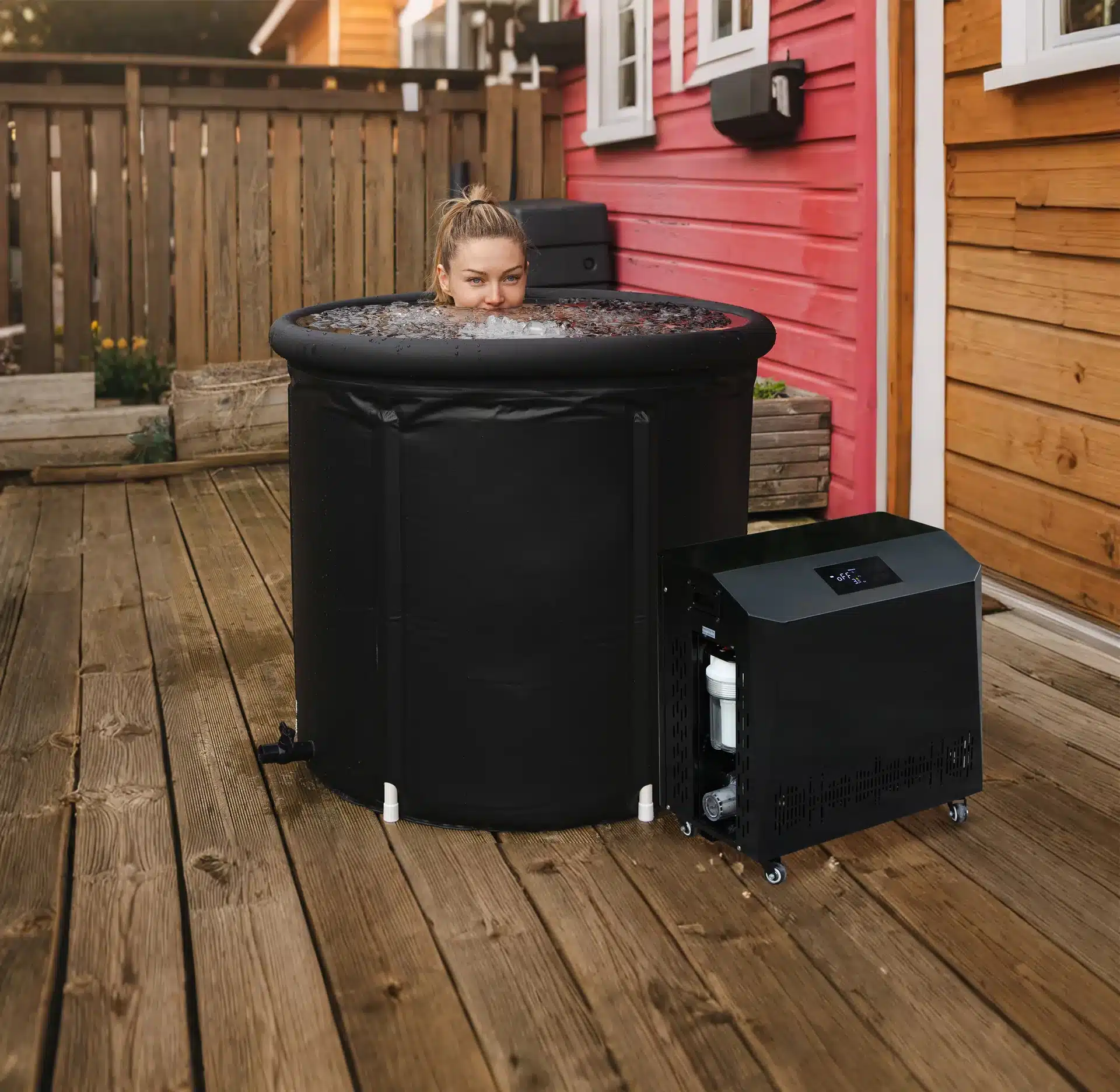 smart controlled chiller systems: Smart controlled 1HP chiller beside an inflatable cold plunge in use