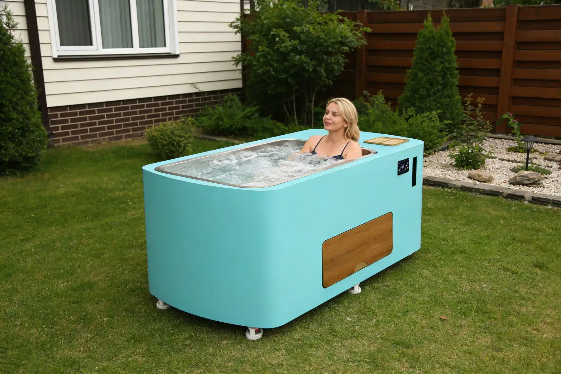 Freestanding acrylic cold plunge tub in a residential outdoor setting