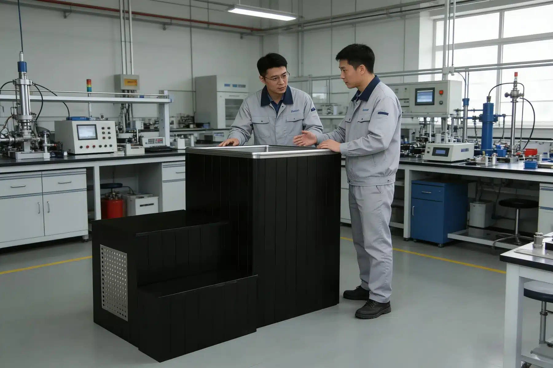 Technicians reviewing an acrylic cold plunge tub assembly