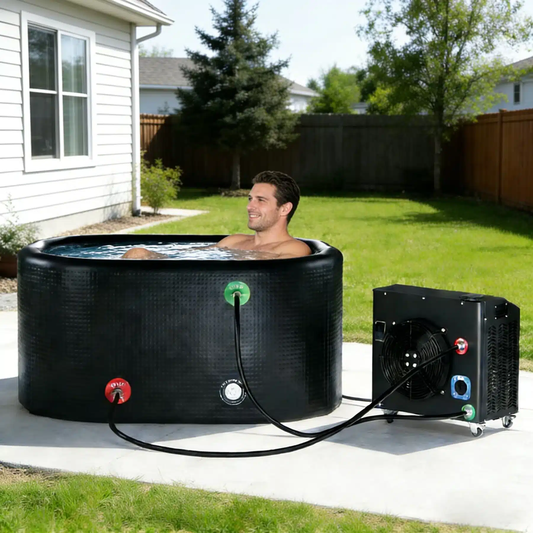 Inflatable ice bath connected to an external cold plunge chiller
