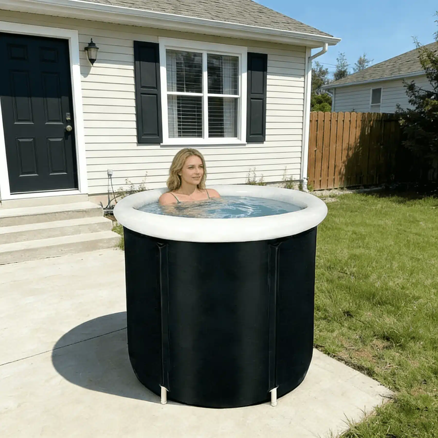 Inflatable cold plunge tub in a compact backyard setting