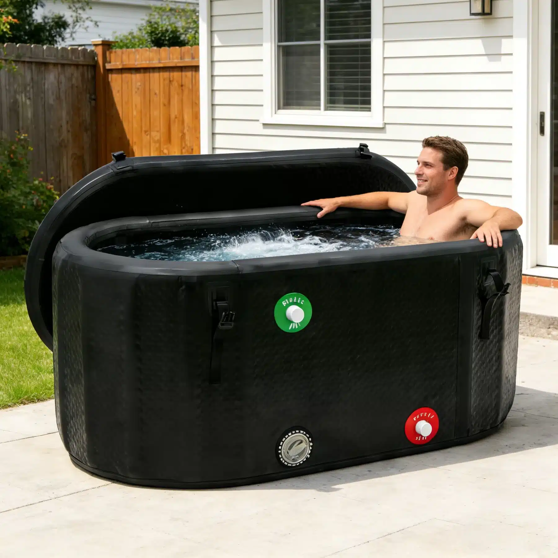 Inflatable cold plunge tub with visible inlet outlet and drain positions