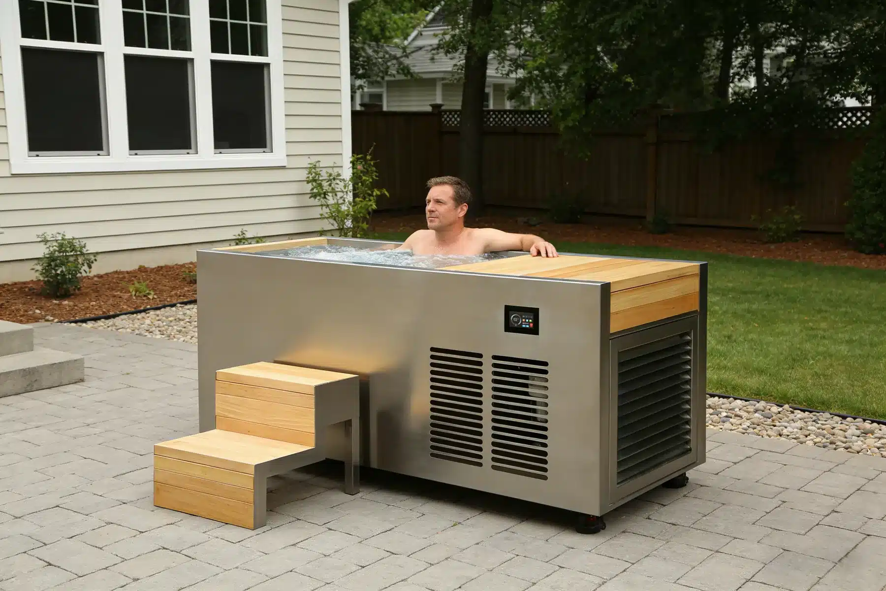 Stainless steel cold plunge tub in a residential outdoor setting