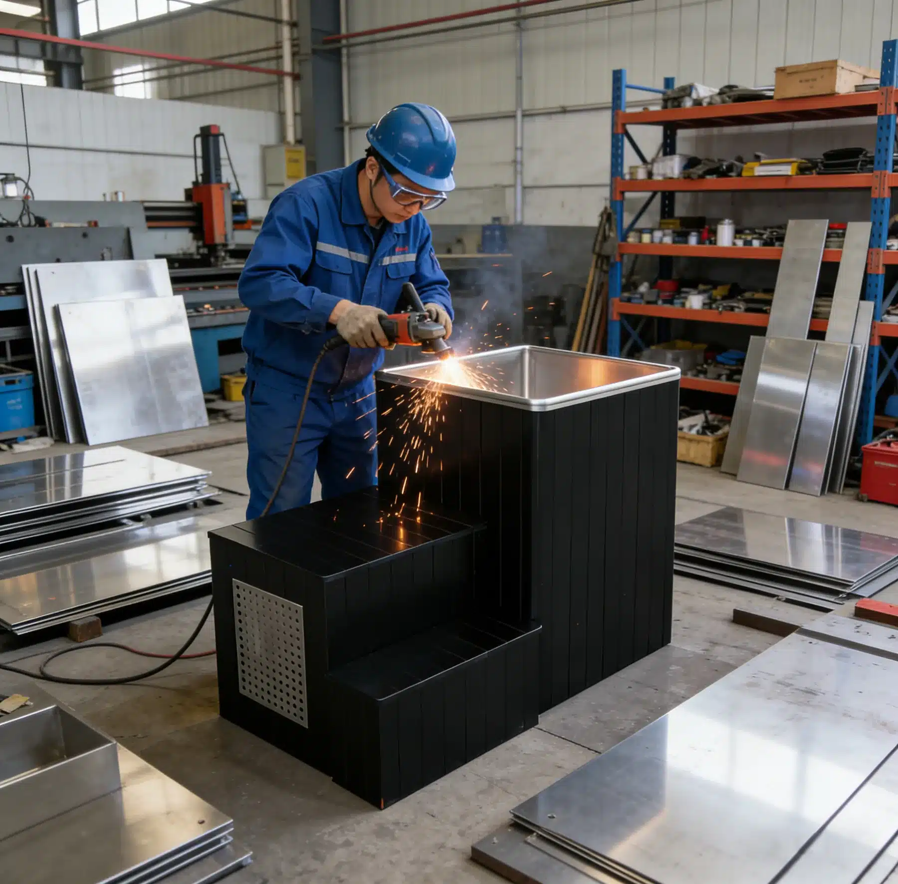 Technician working on a stainless steel cold plunge tub cabinet