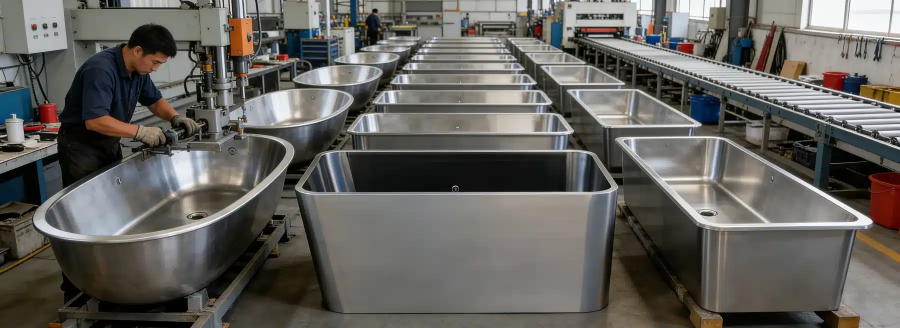 Stainless steel cold plunge tub model range on a production line