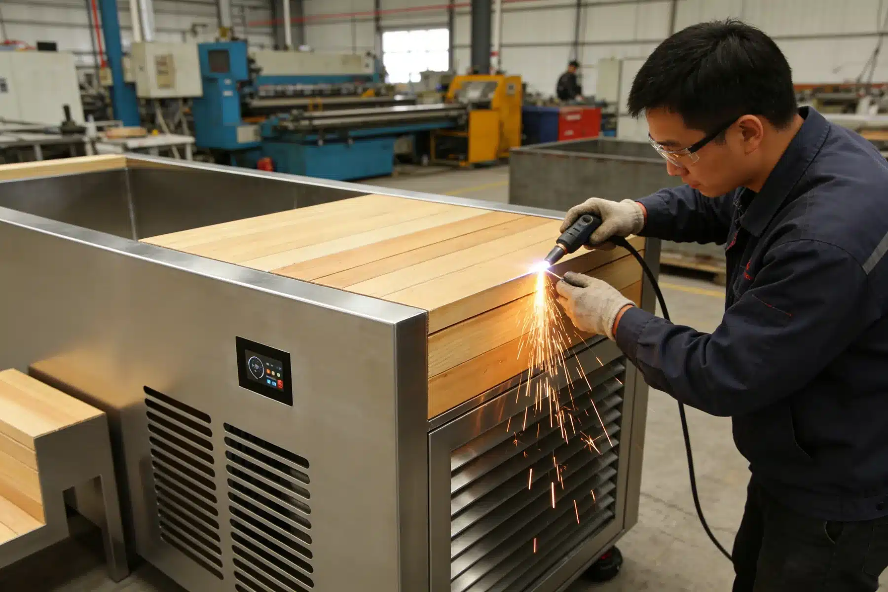Technician assembling a wood-wrapped cold plunge tub cabinet