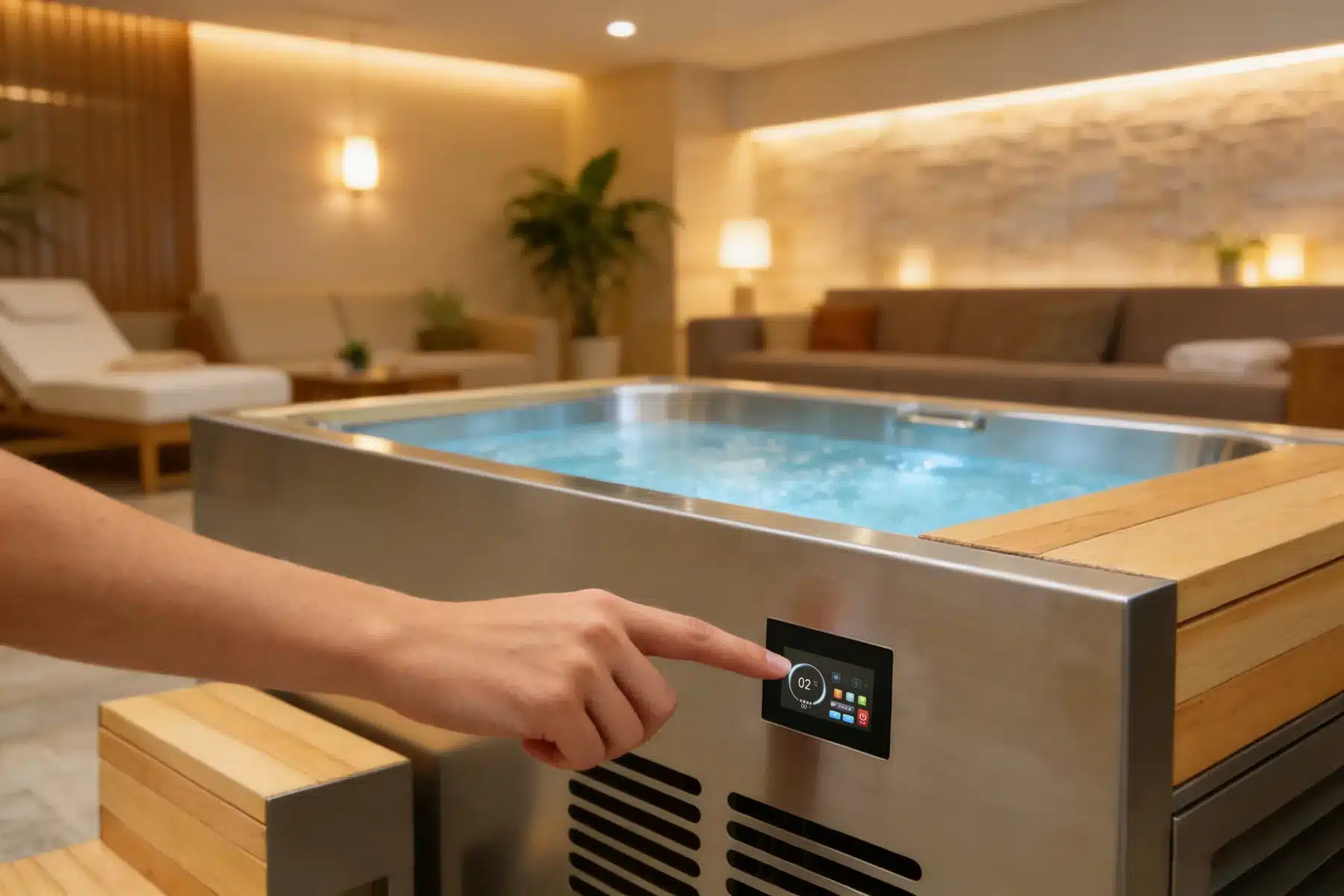 Integrated control panel on a wood-wrapped cold plunge tub