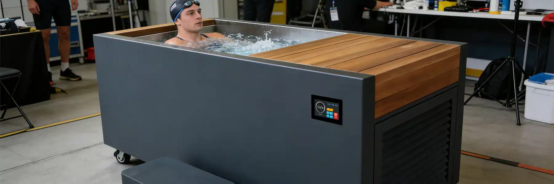 Wood and stainless cold plunge tub used in a fitness setting