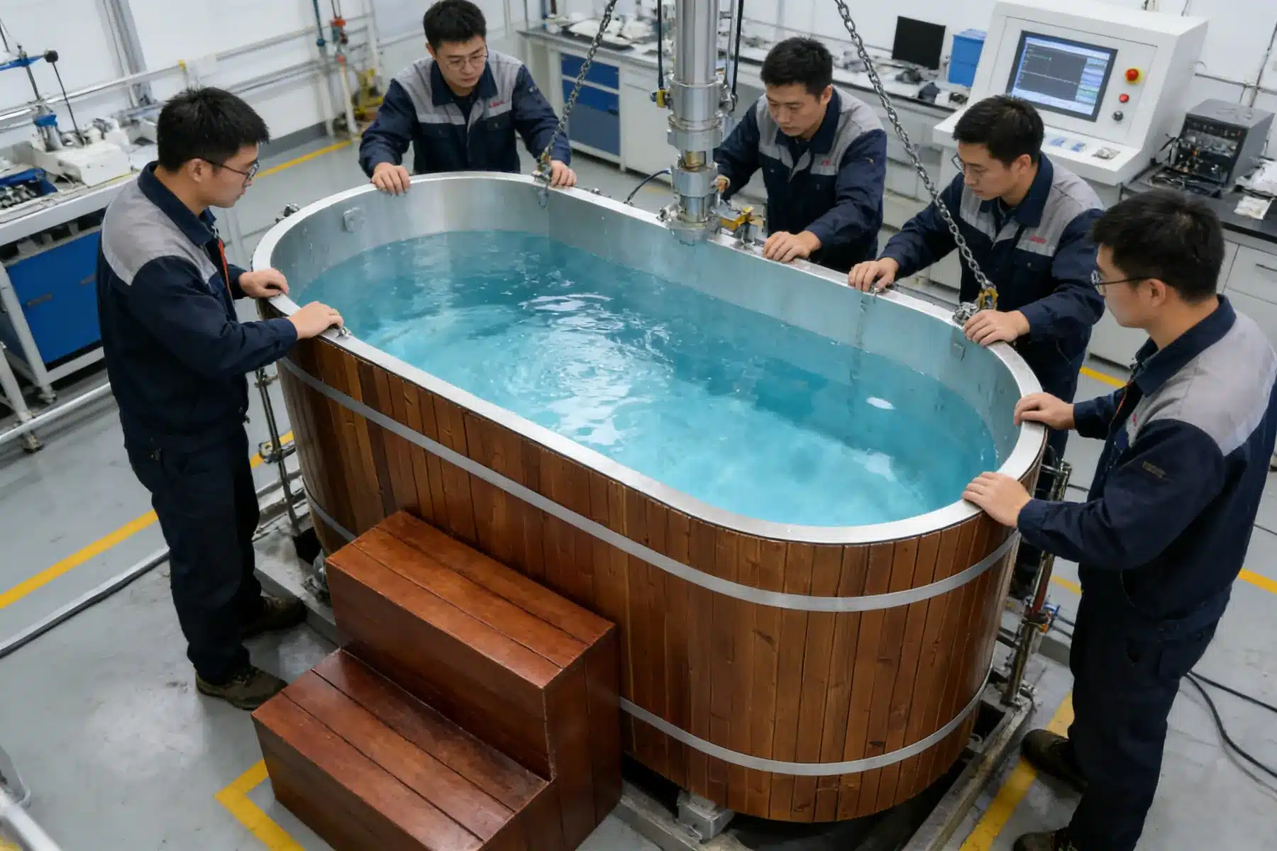 Team inspecting a wood-wrapped cold plunge tub assembly
