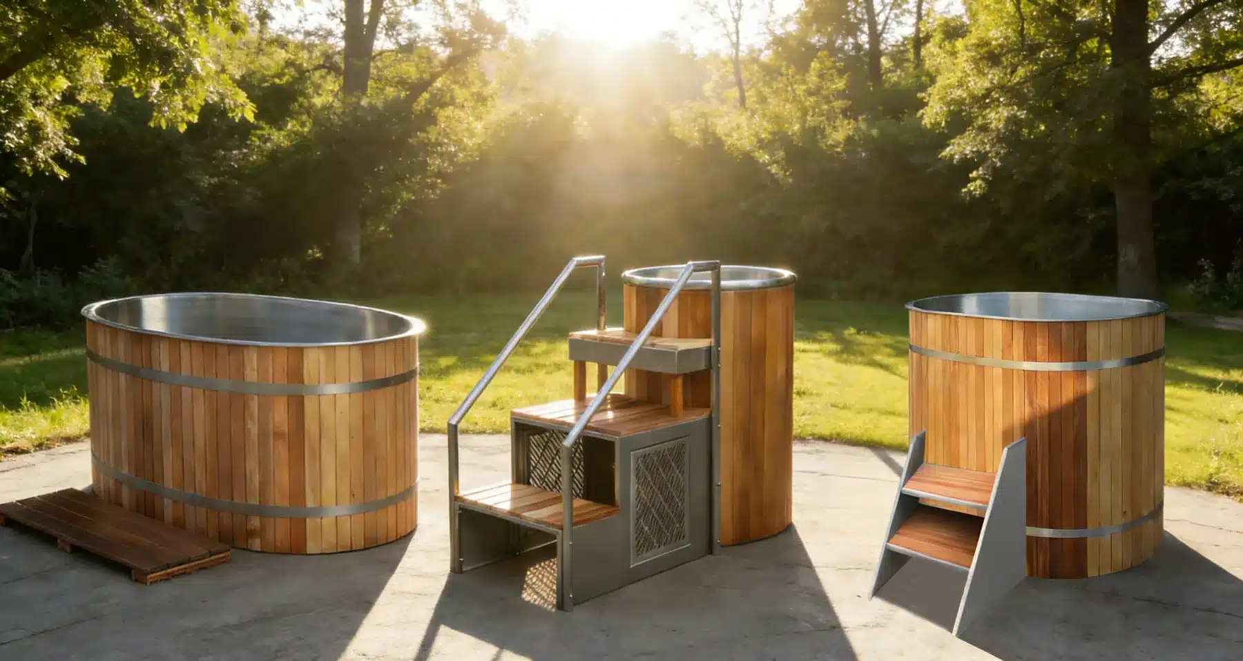 Wood-wrapped and hybrid cold plunge tub model family
