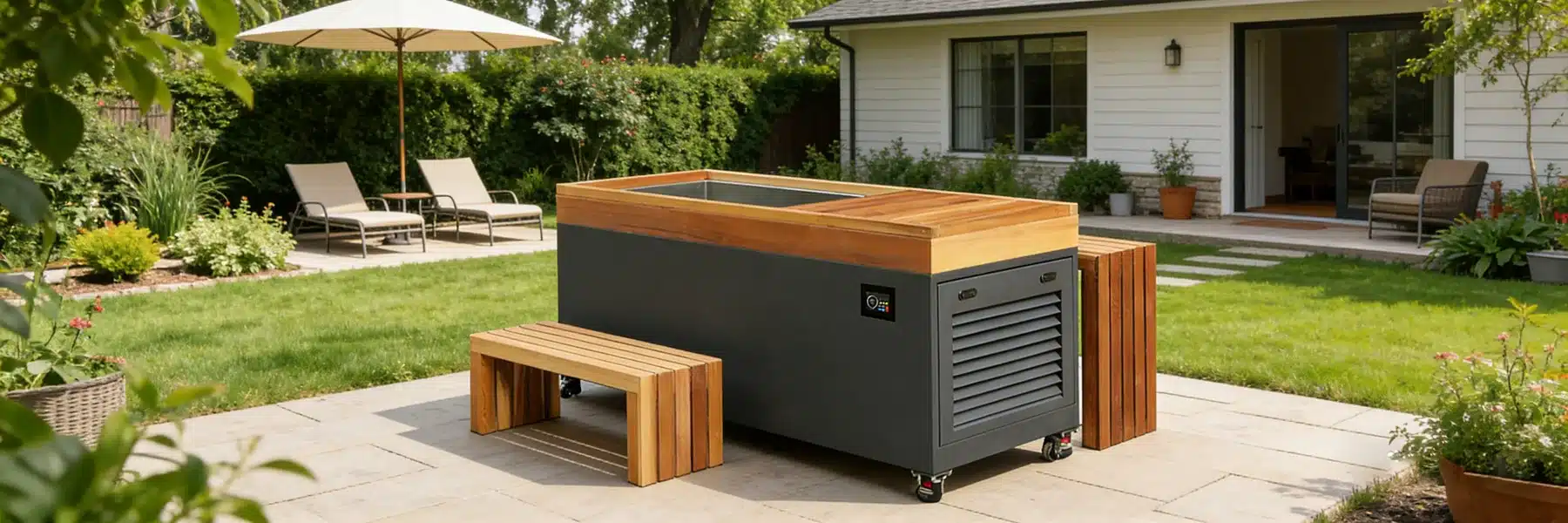 Wood-wrapped cold plunge tub in a residential landscape