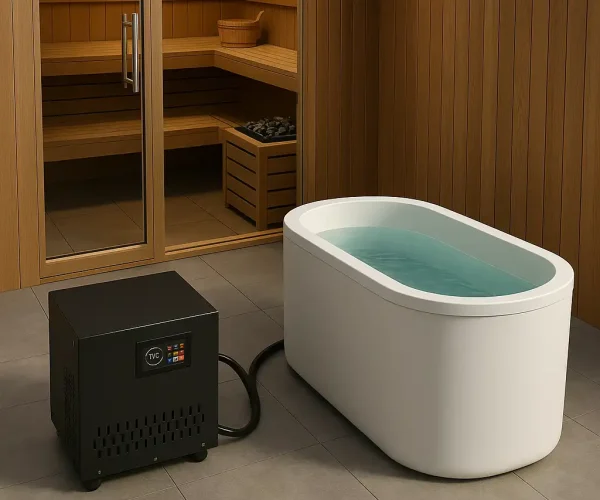 Cold plunge tub placed beside sauna room with black chiller unit